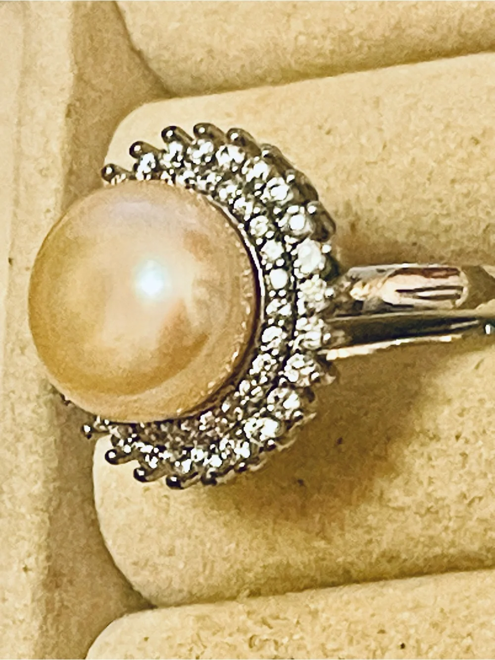 Natural South Sea Cream Pearl Flower Shape Halo Cubic Zirconia Silver Plate 8-10